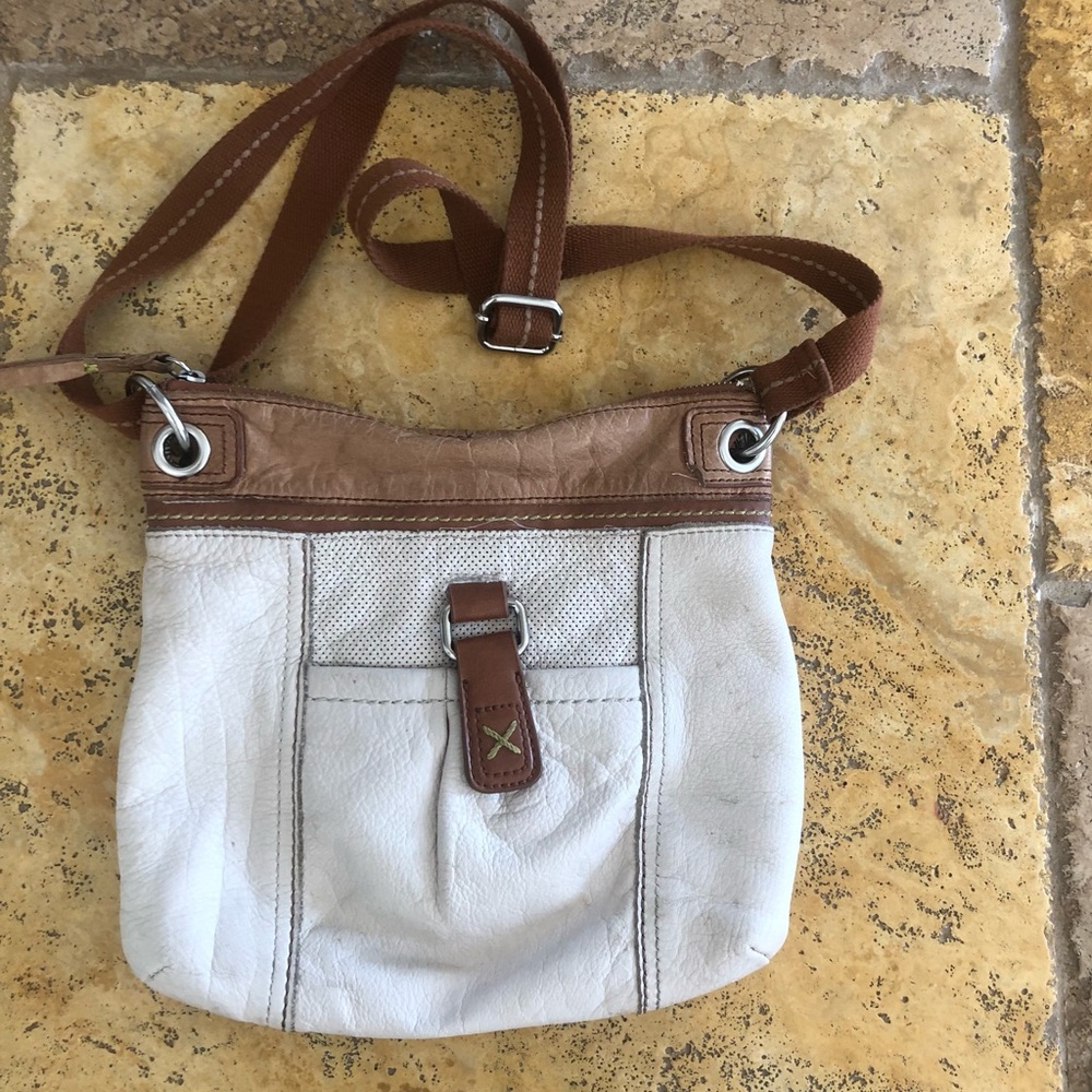 THE SAK - LEATHER CROSSBODY BAG + CREAM WITH BROWN TRIM & MINT ACCENT